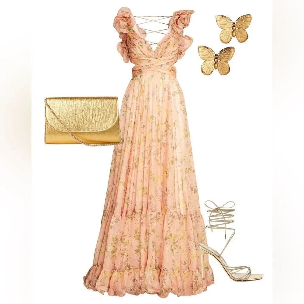 Mac Duggal Pink Ruffle Tiered Floral Cut-Out Chiffon Gown Size 4